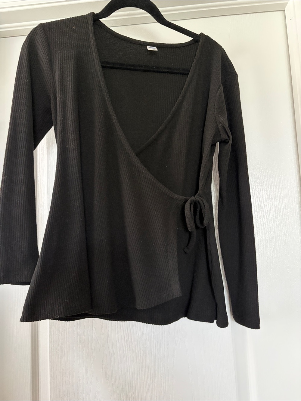 Old Navy Black Ribbed Wrap-Front Long-Sleeve Top